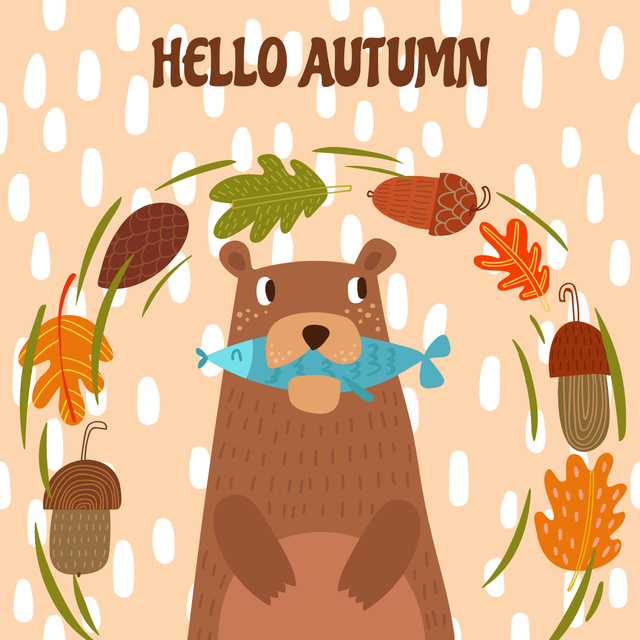 Bear with Fish in Autumn Frame Instagram AD Design Template