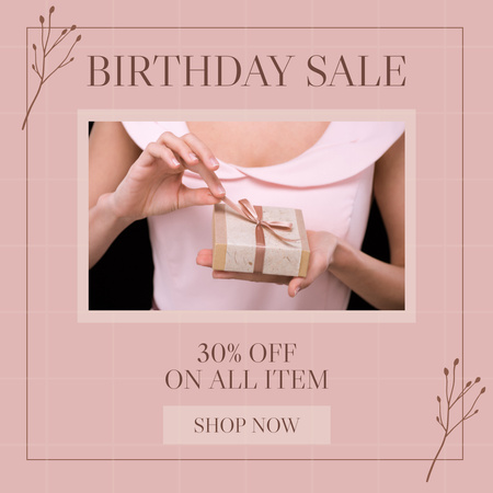 Birthday Sale Ad with Gift Box In Pink Instagram Design Template
