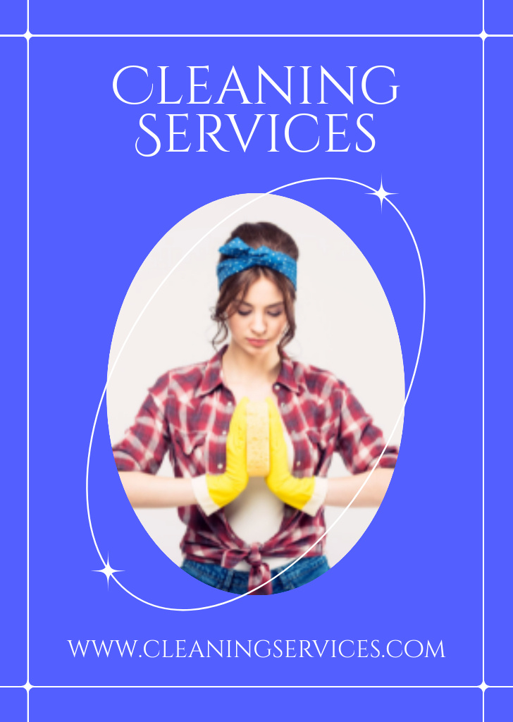 Simple Ad of Cleaning Services with Girl in Gloves Flyer A6デザインテンプレート