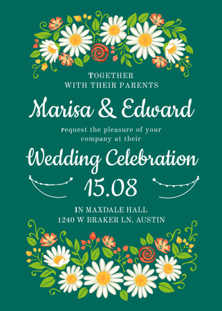 Wedding Invitation with Flowers on Green Flayer Design Template
