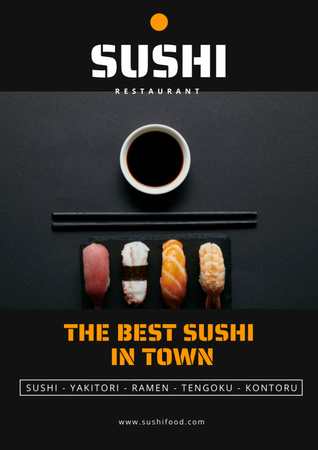 Seafood Restaurant Ad with Sushi Set and Soya Sauce in Bowl Poster A3 Design Template