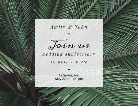 Wedding Anniversary With Tropical Leaves Invitation 13.9x10.7cm Horizontal Design Template