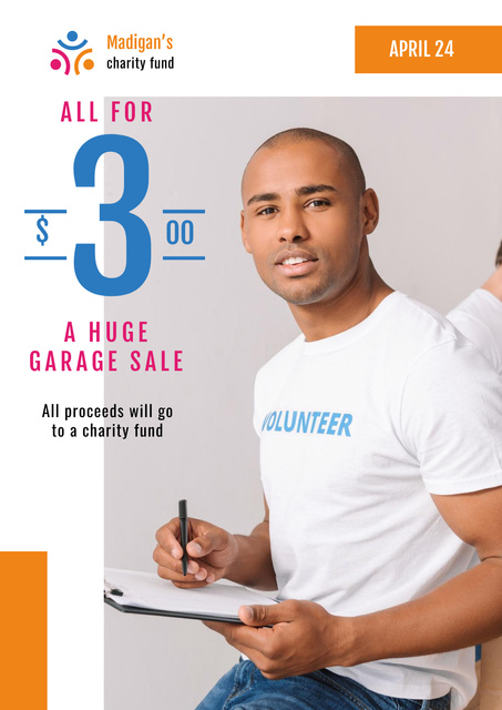 Charity Garage Sale Volunteer with Clothes Poster Design Template