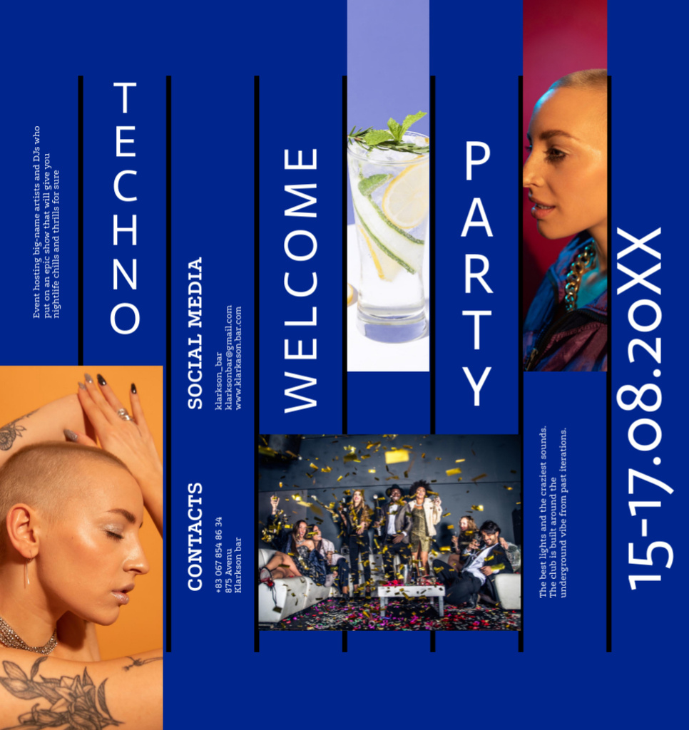 Modèle de visuel Techno Party Announcement with Stylish People in Bar - Brochure Din Large Bi-fold