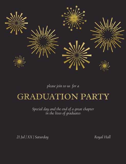 Szablon projektu Graduation Party Announcement with Fireworks on Dark Purple Invitation 13.9x10.7cm