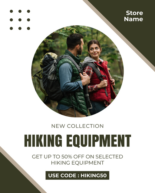 Szablon projektu Promo of Hiking Equipment with Couple in Forest Instagram Post Vertical