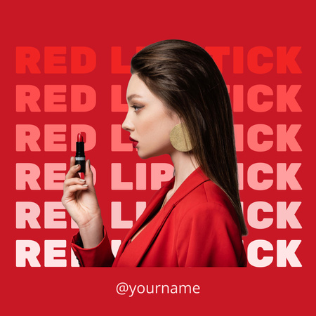Beautiful Brunette Woman Holding Red Lipstick Instagram Design Template