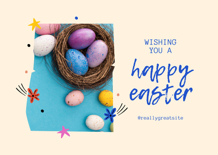 Easter Day Greetings with Traditional Decorative Eggs in Nest Card Design Template