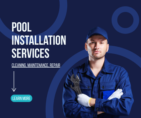 Plantilla de diseño de Oferta de servicio de instalación de piscinas con joven trabajador en azul oscuro Facebook 