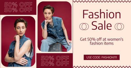 Ontwerpsjabloon van Facebook AD van Fashion Sale with Woman in Stylish Denim Vest