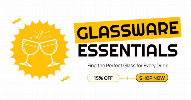 Glassware Essentials Promo with Two Wineglasses Facebook ADデザインテンプレート