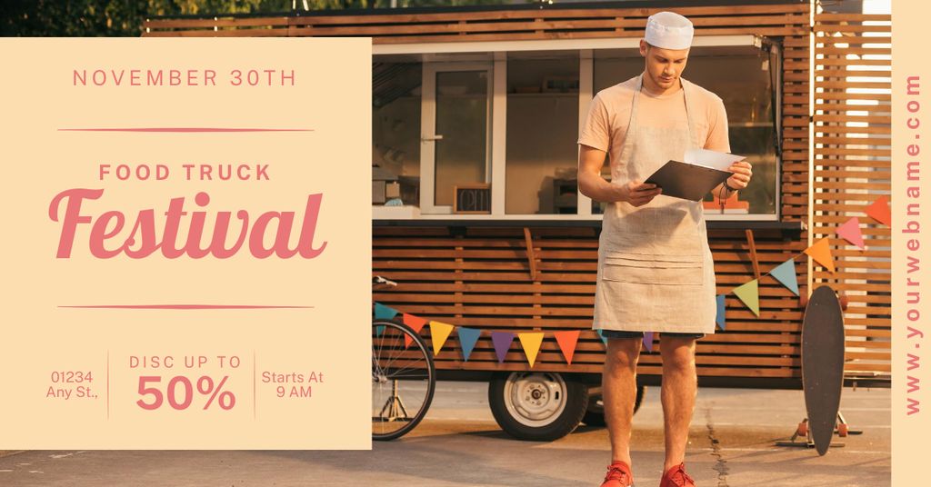 Festival Announcement with Cook near Food Truck Facebook AD Design Template