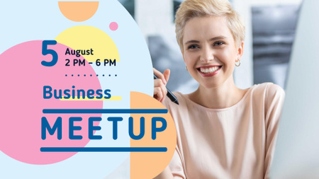 Plantilla de diseño de Business Meetup Ad with Smiling Woman FB event cover 