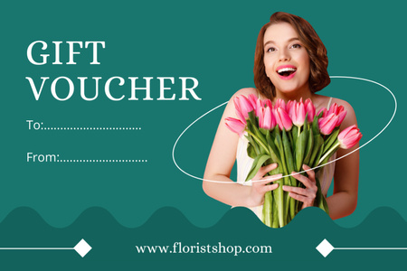 Platilla de diseño Gift Voucher Offer with Woman with Tulips Gift Certificate
