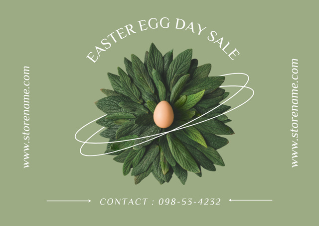 Plantilla de diseño de Easter Sale Announcement with Easter Egg in Nest Made of Leaves Card 