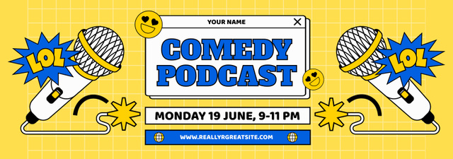 Designvorlage Podcast Comedy Offer with Microphone on Yellow für Tumblr