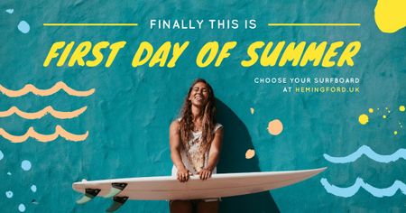 Plantilla de diseño de First Day of Summer Girl Holding Surfboard Facebook AD 