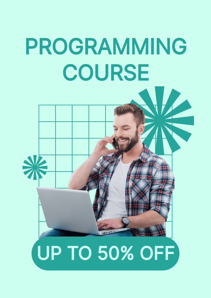 Discount on Programming Course with Young Man using Laptop Poster Modelo de Design