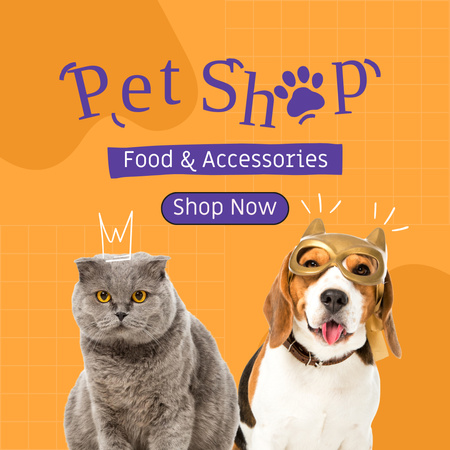 Pet Shop Offer with Cute Cat and Dog Instagram AD Design Template