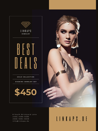 Jewelry Sale with Woman in Golden Accessories Poster US Design Template