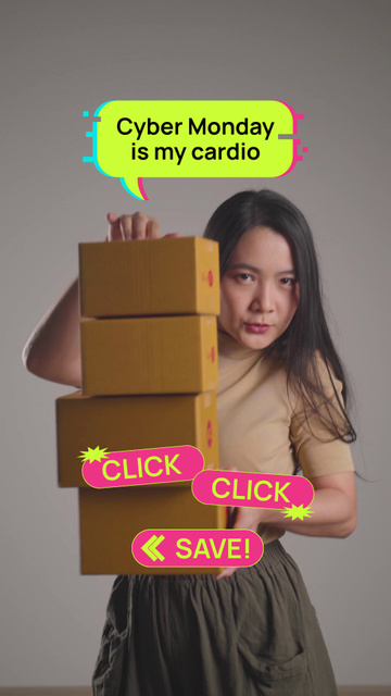 Cyber Monday Sale with Woman holding Boxes TikTok Video Modelo de Design