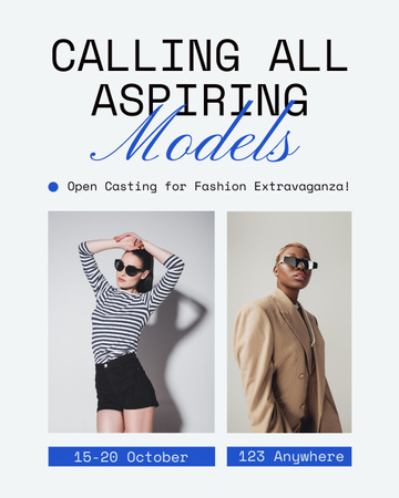 Koláž s Model Casting Oznámení na bílém pozadí Instagram Post Vertical Šablona návrhu