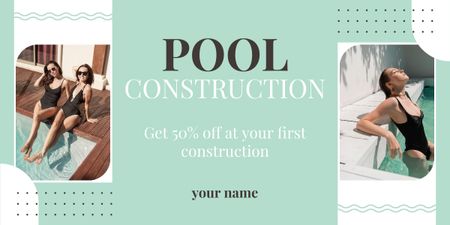 Plantilla de diseño de Oferta de servicios de construcción de piscinas con mujeres jóvenes en traje de baño Image 