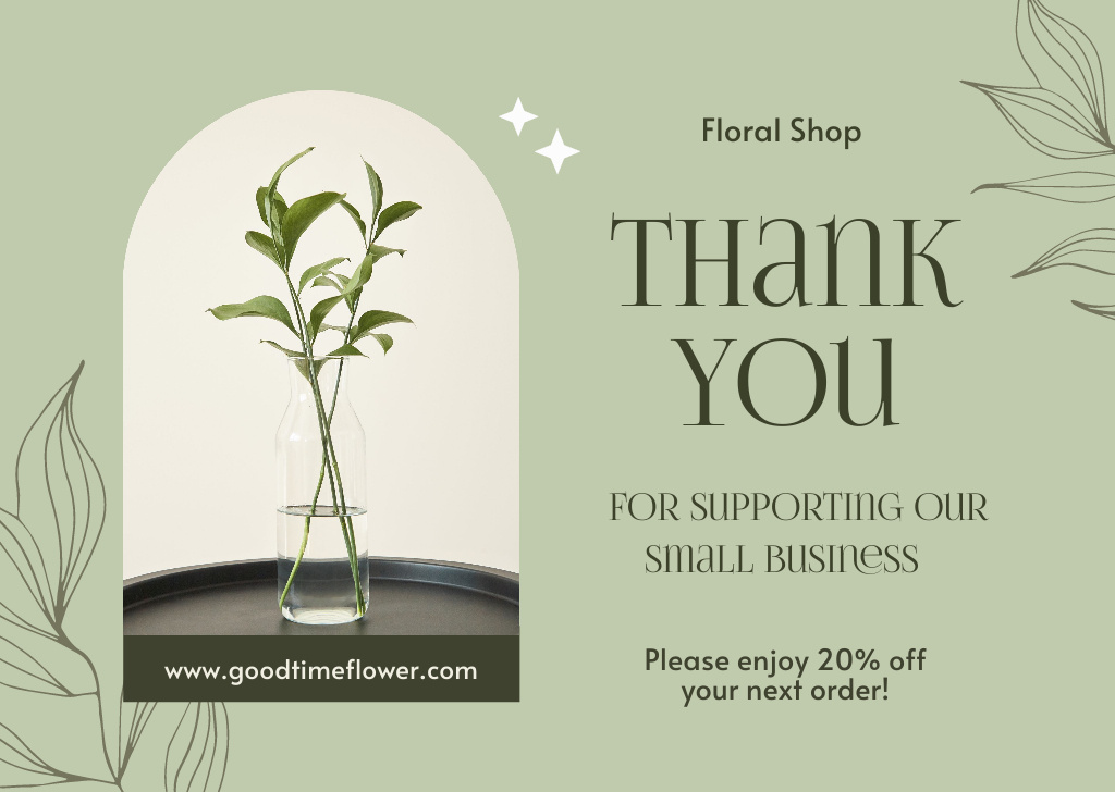 Plantilla de diseño de Thank You Message with Green Plants in Glass Vase Card 