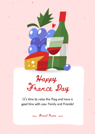 France Day Illustration of Snacks and Wine Postcard 5x7in Vertical Design Template
