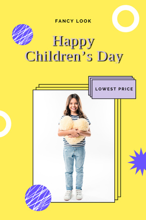 Children's Day Greeting With Girl Holding Toy Postcard 4x6in Vertical Design Template