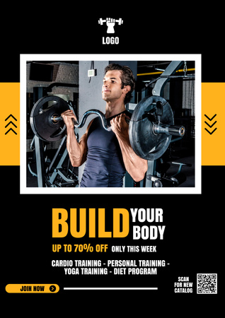 Jóképű férfi súlyzót emelő edzőteremben Poster tervezősablon