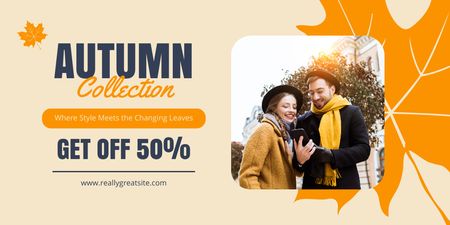 Plantilla de diseño de Colección publicitaria de otoño con hoja de naranja. Twitter 
