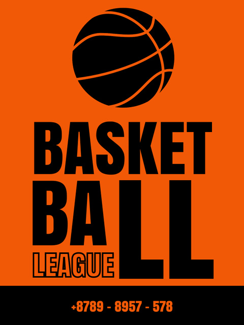 Basketball League Advertising with Ball on Orange Poster US – шаблон для дизайна