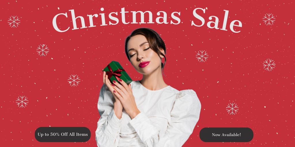 Woman Enjoys Present on Christmas Sale Red Twitter tervezősablon