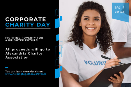 Platilla de diseño Corporate Charity Day Announcement with Smiling Young Female Volunteer Flyer 4x6in Horizontal