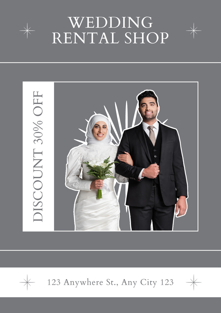 Wedding Rental Shop Offer with Happy Muslim Couple Poster Modelo de Design