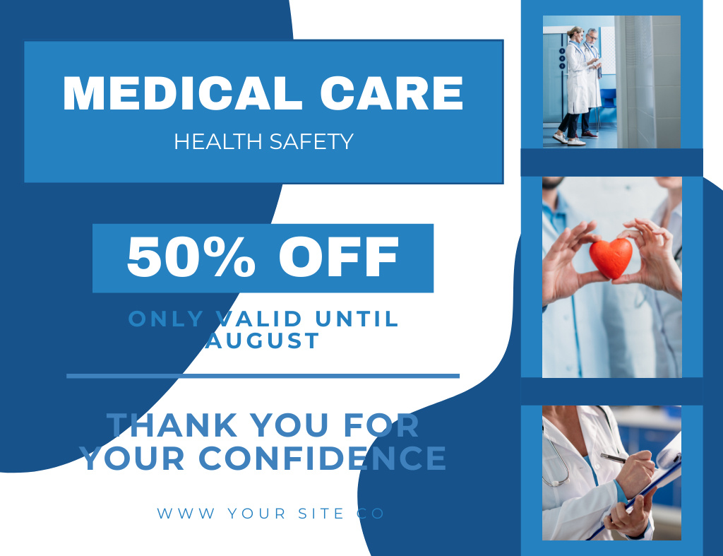 Platilla de diseño Medical Care Services Discount Offer with Collage on Blue Thank You Card 5.5x4in Horizontal