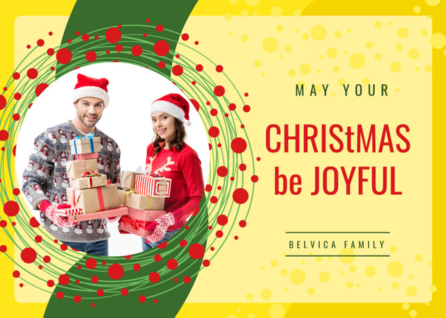 Plantilla de diseño de Cheerful Christmas Greetings And Couple With Presents Postcard 5x7in 