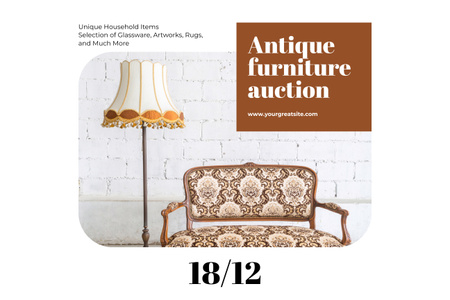 Collectible Furniture Auction Ad with Classic Armchair and Floor Lamp Poster 24x36in Horizontal Design Template