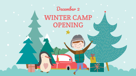 Winter Camp Opening Announcement with Funny Kid FB event cover Design Template