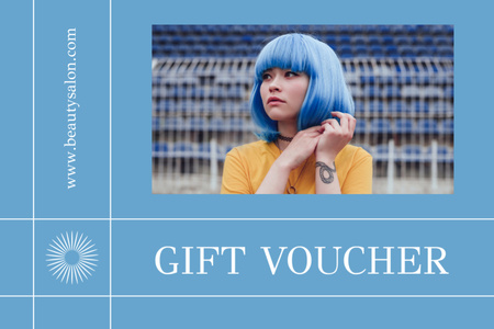 Platilla de diseño Beauty Salon Special Offer with Blue-Haired Woman Gift Certificate