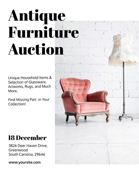 Antique Furniture Auction with Luxury Pink Armchair Poster 36x48in – шаблон для дизайну