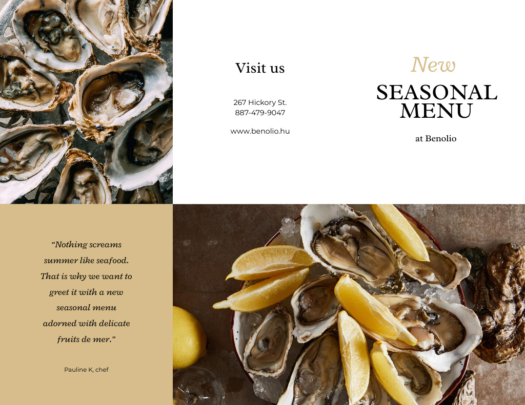 New Seasonal Menu Offer with Seafood Brochure 8.5x11in Modelo de Design