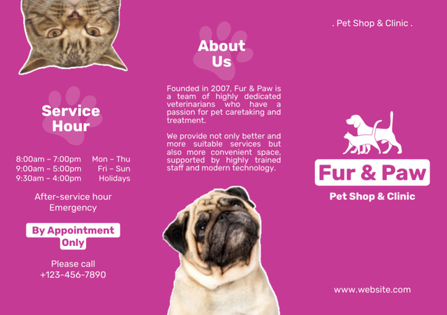 Designvorlage Pet Shop and Clinic on Purple für Brochure