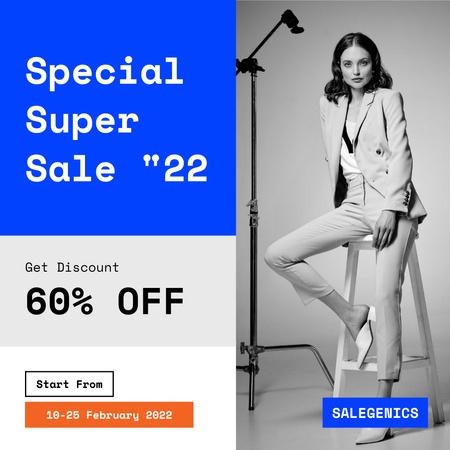 Special Super Sale Announcement with Stylish Woman in Suit Instagram Design Template