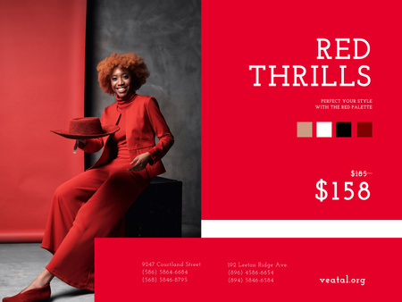Plantilla de diseño de Excelente traje rojo con sombrero y zapatos de promoción. Poster 18x24in Horizontal 