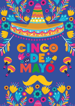 Ontwerpsjabloon van Poster A3 van Bloemen Ornament En Sombrero Voor Aankondiging Van Cinco De Mayo