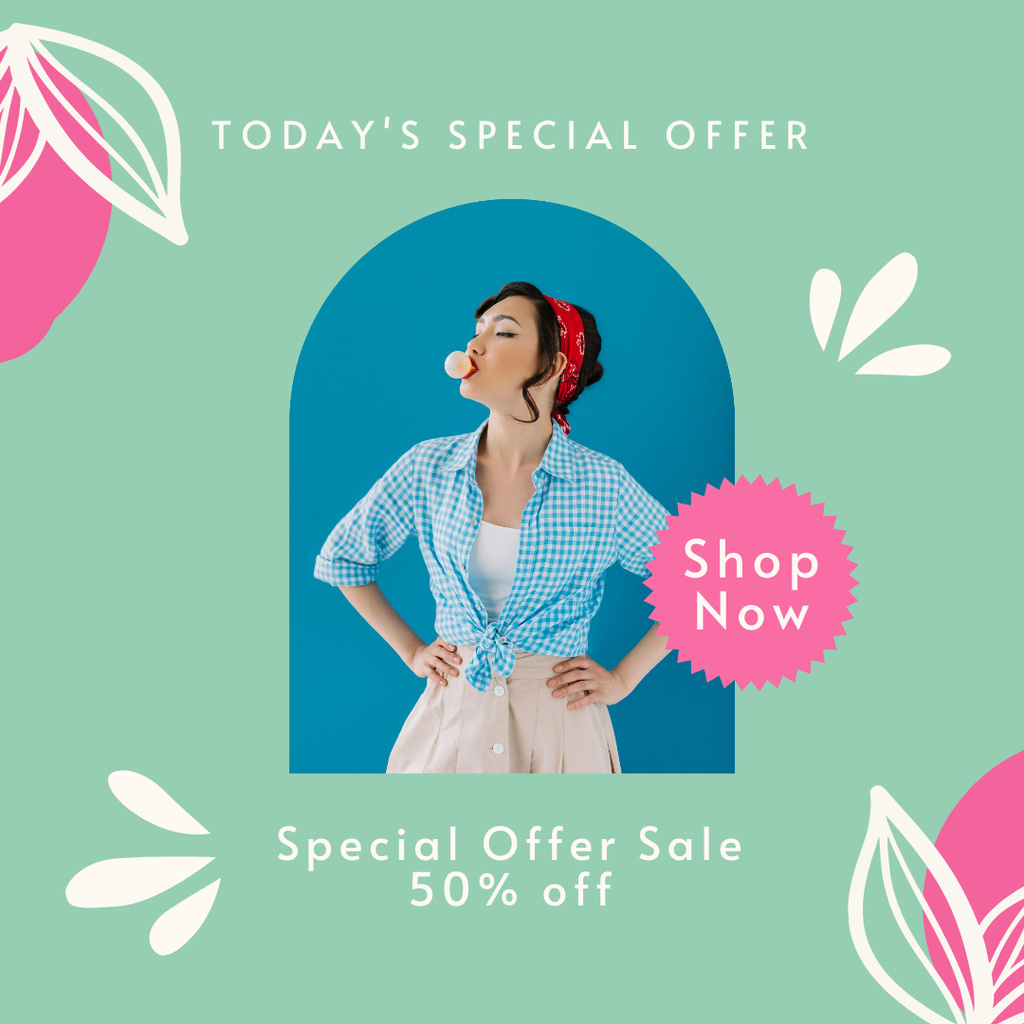 Female Fashion Clothes Sale with Woman in Shirt Instagram Design Template