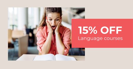 Designvorlage Language Courses with Student reading Book für Facebook AD