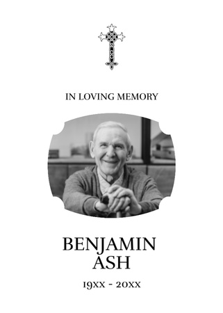 Hautajaisten muistokortti, jossa on kuva mukavasta vanhasta miehestä ja rististä Postcard 5x7in Vertical Design Template
